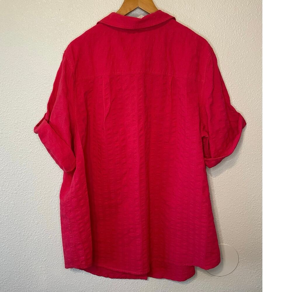 Woman Within Boho Cottage Cotton Red Textured Roll Tab Sleeves Button Up Top Lg - Picture 2 of 11